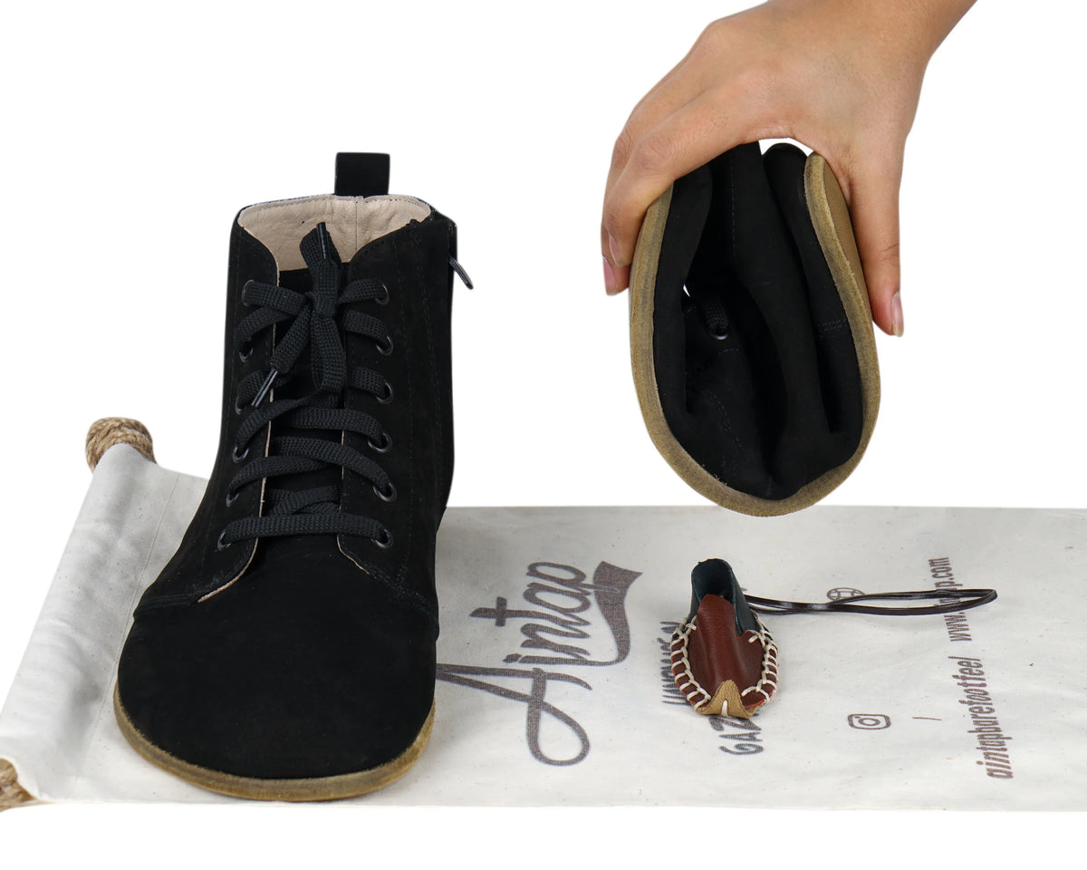 Nubuck Barefoot Laces Short Boots Shoes – Classic Sole — Leather Sole – Black