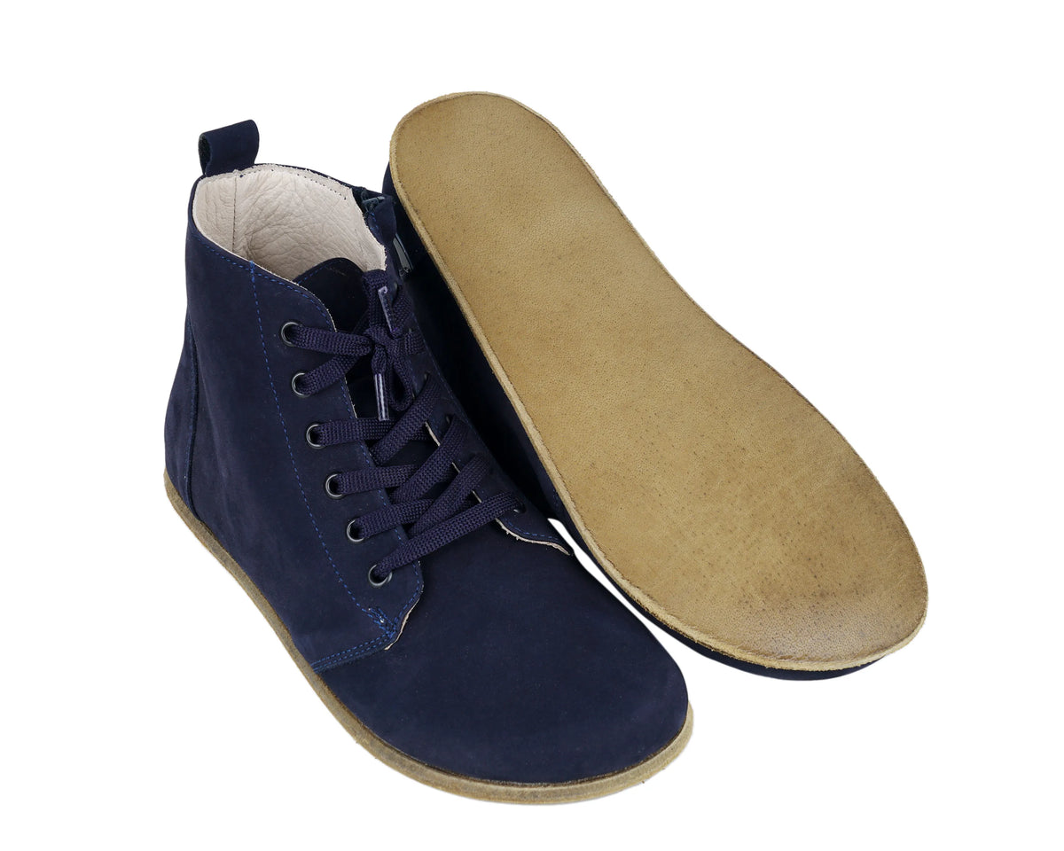 Nubuck Barefoot Laces Short Boots Shoes – Classic Sole — Leather Sole – Navy Blue