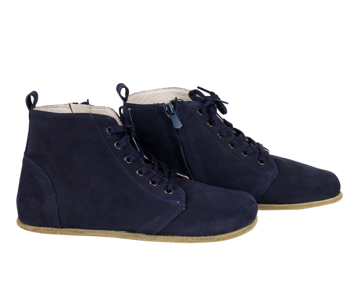 Nubuck Barefoot Laces Short Boots Shoes – Classic Sole — Leather Sole – Navy Blue