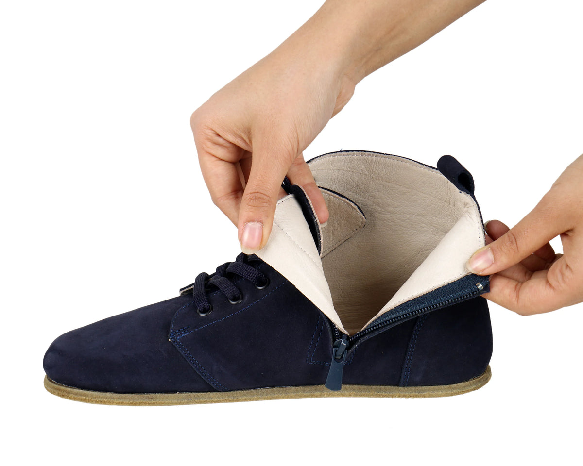 Nubuck Barefoot Laces Short Boots Shoes – Classic Sole — Leather Sole – Navy Blue