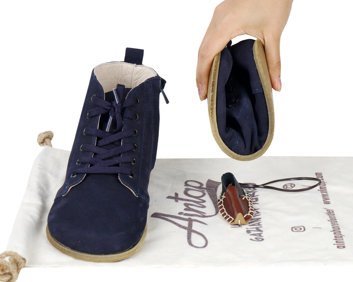 Nubuck Barefoot Laces Short Boots Shoes – Classic Sole — Leather Sole – Navy Blue