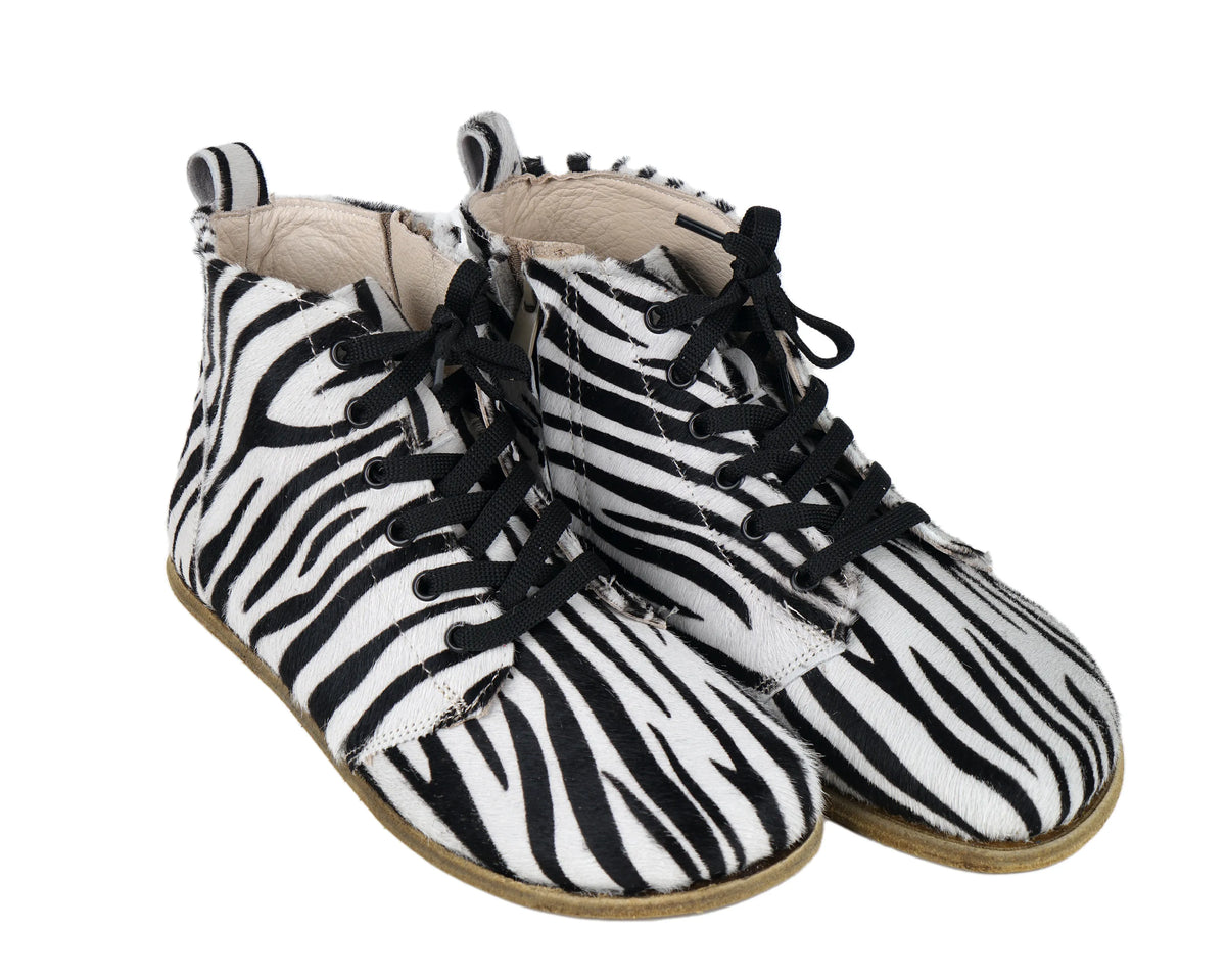 Hair Barefoot Laces Short Boots Shoes – Classic Sole — Leather Sole – Zebra