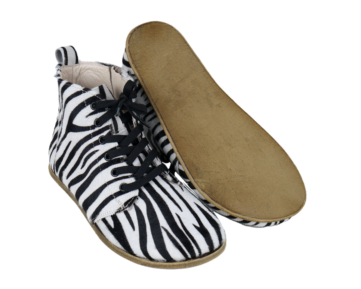 Hair Barefoot Laces Short Boots Shoes – Classic Sole — Leather Sole – Zebra