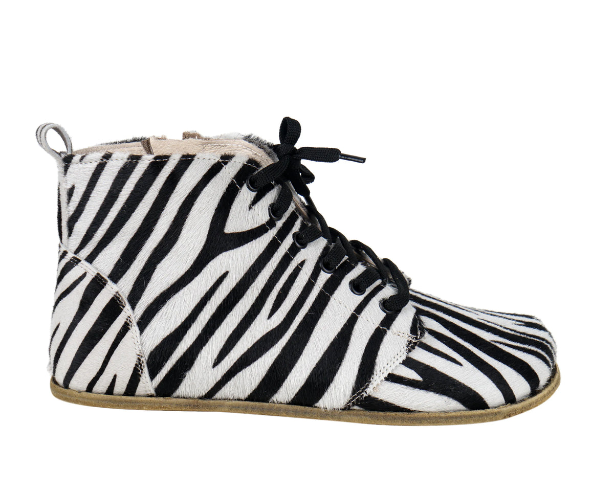 Hair Barefoot Laces Short Boots Shoes – Classic Sole — Leather Sole – Zebra