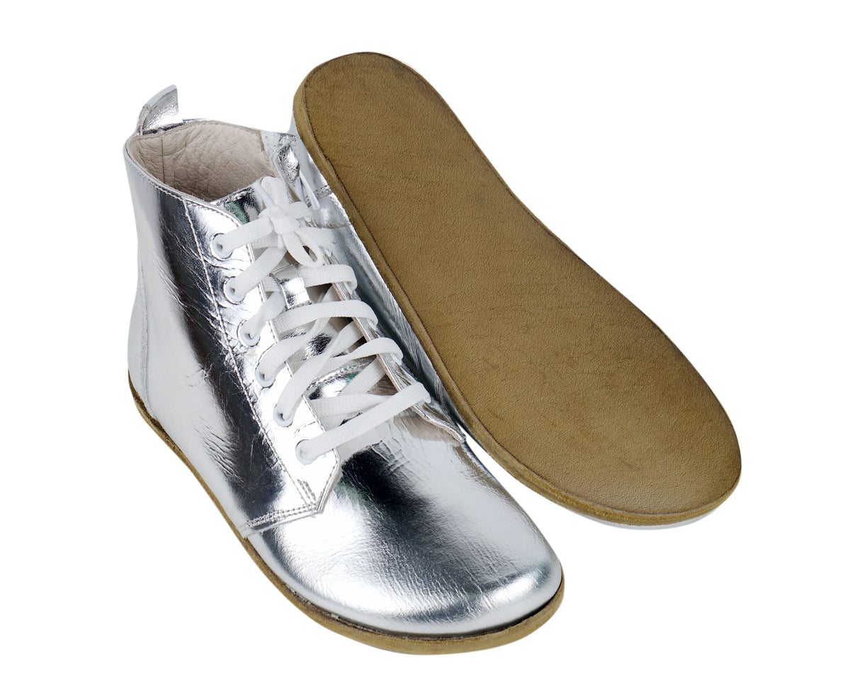 Bright Barefoot Laces Short Boots Shoes – Classic Sole — Leather Sole – Silver