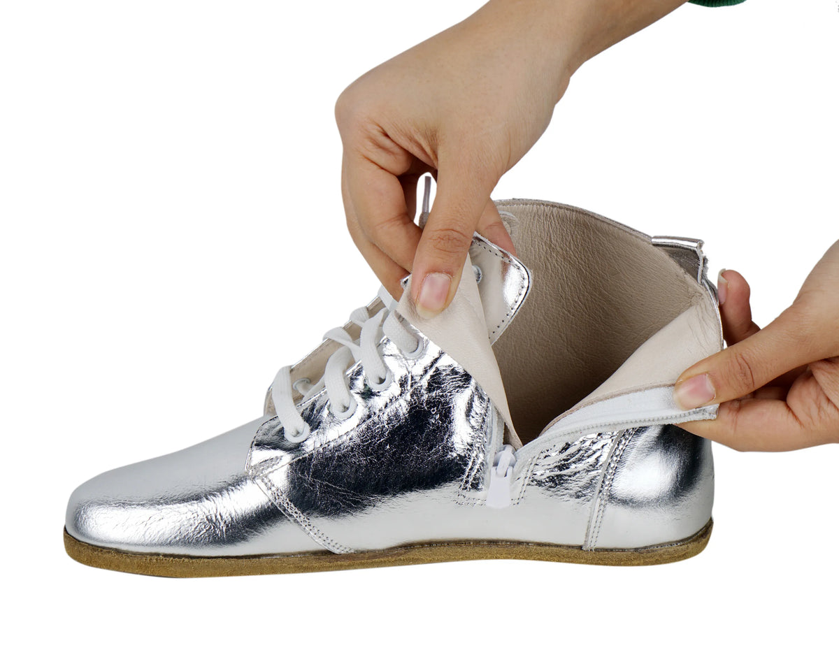 Bright Barefoot Laces Short Boots Shoes – Classic Sole — Leather Sole – Silver