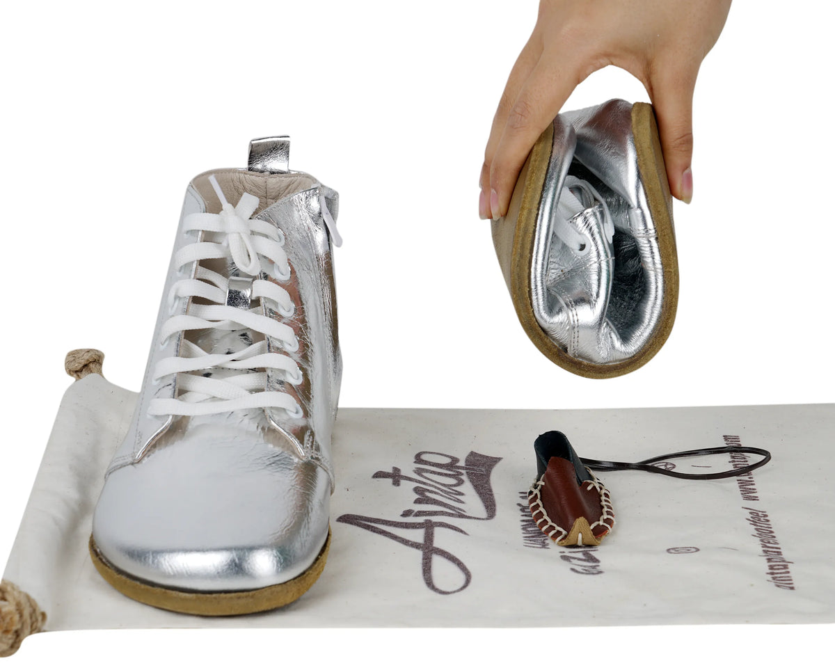 Bright Barefoot Laces Short Boots Shoes – Classic Sole — Leather Sole – Silver