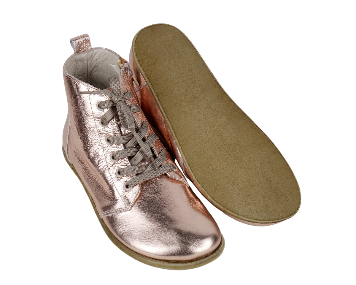 Bright Barefoot Laces Short Boots Shoes – Classic Sole — Leather Sole – Rose Gold