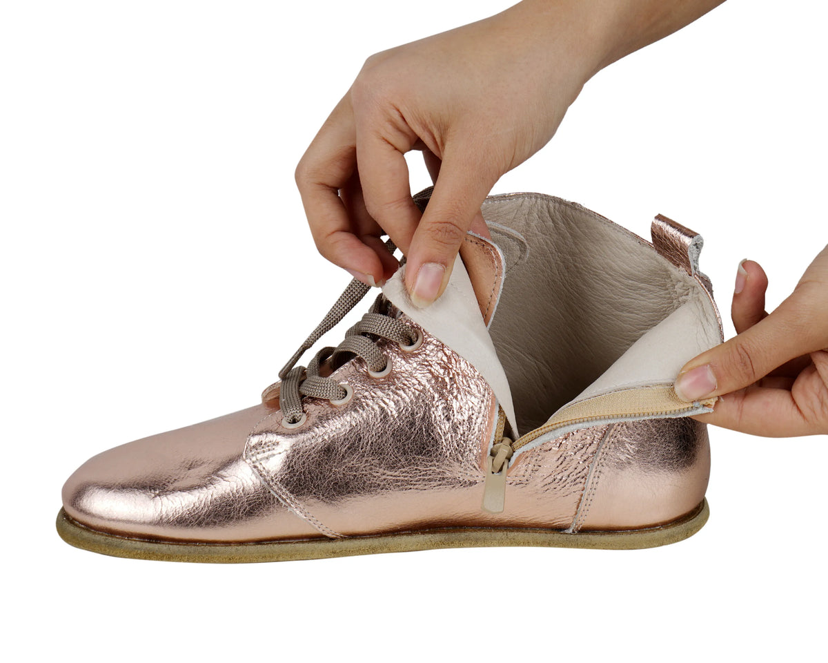 Bright Barefoot Laces Short Boots Shoes – Classic Sole — Leather Sole – Rose Gold