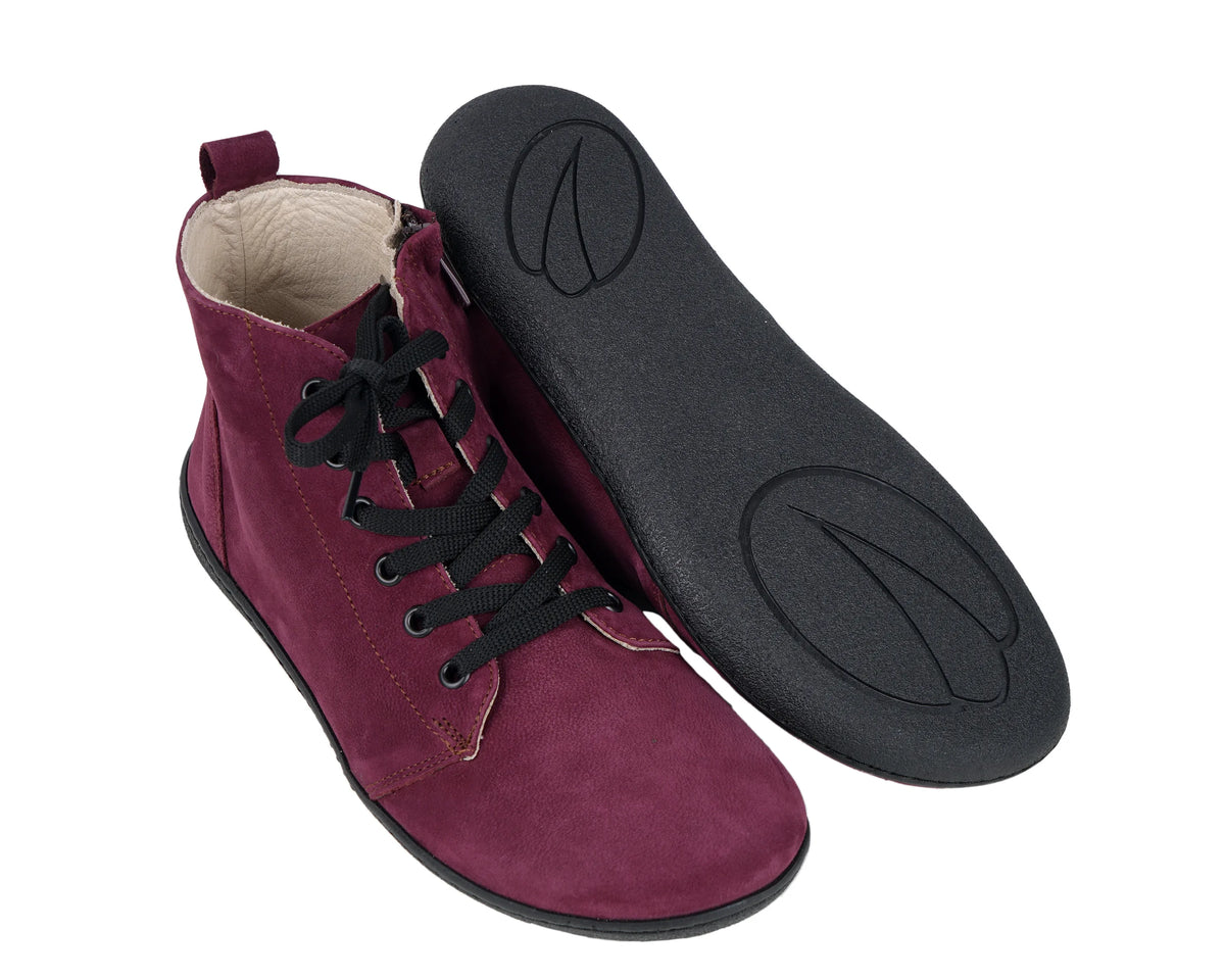 Nubuck Barefoot Laces Short Boots Shoes – 6mm Rubber Sole – Burgundy