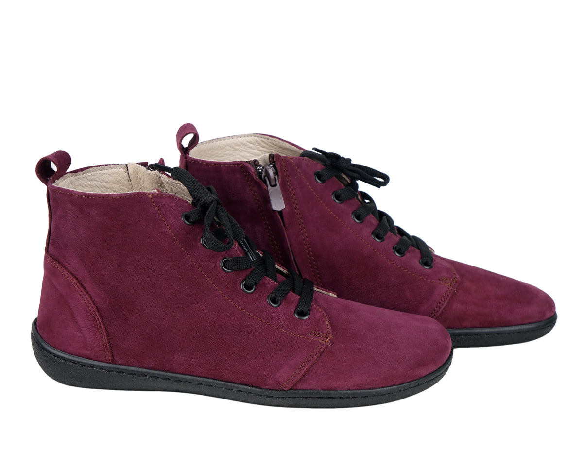 Nubuck Barefoot Laces Short Boots Shoes – 6mm Rubber Sole – Burgundy