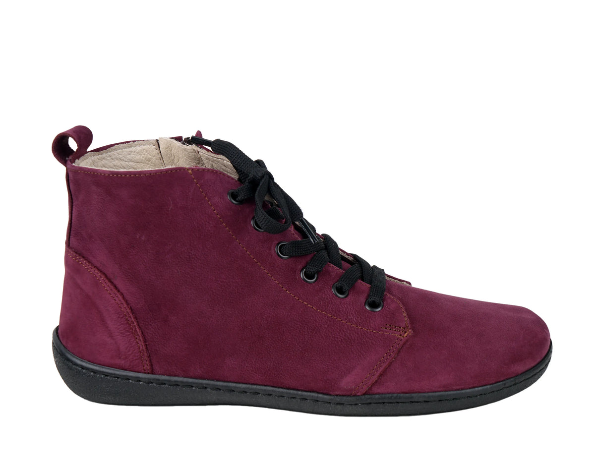 Nubuck Barefoot Laces Short Boots Shoes – 6mm Rubber Sole – Burgundy