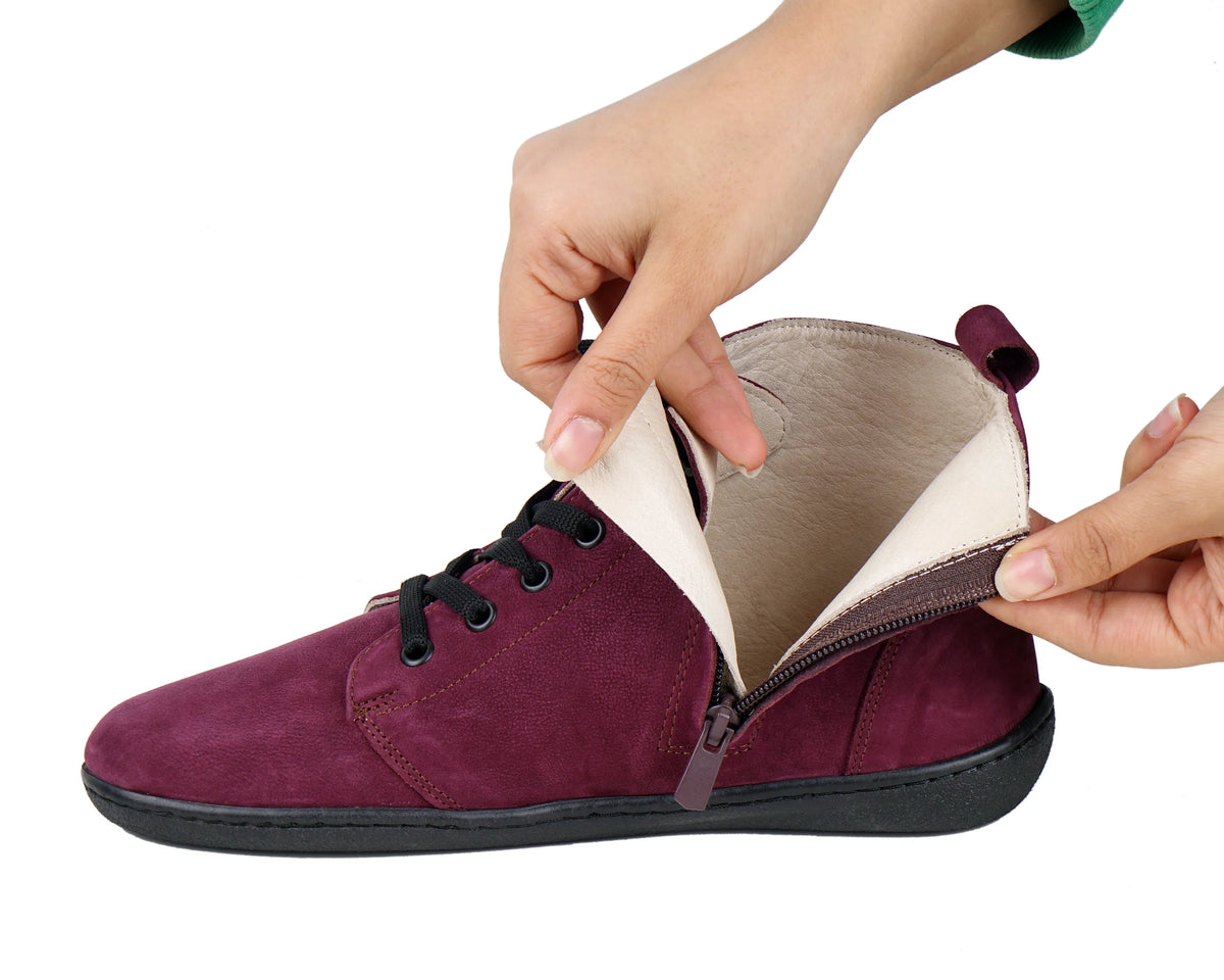 Nubuck Barefoot Laces Short Boots Shoes – 6mm Rubber Sole – Burgundy