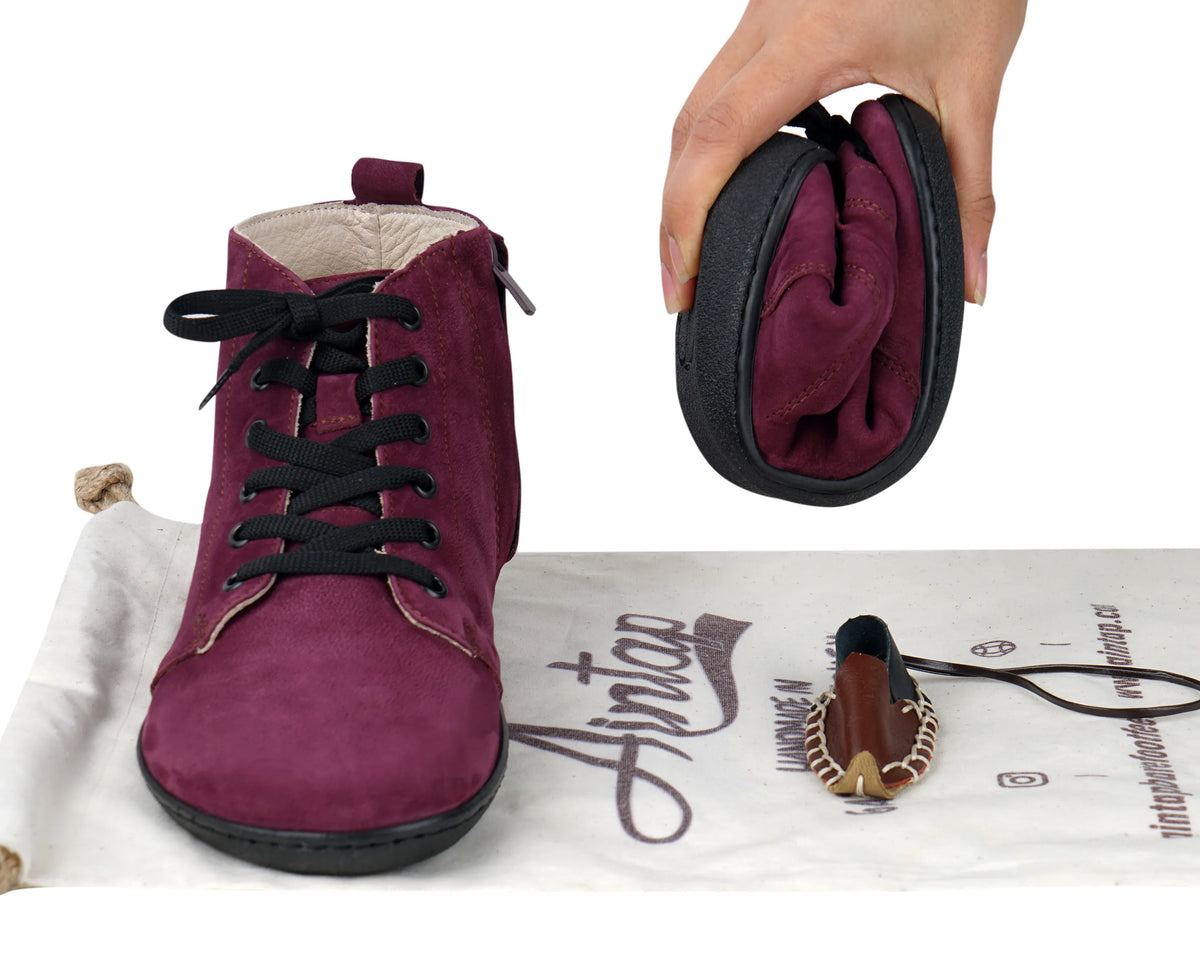 Nubuck Barefoot Laces Short Boots Shoes – 6mm Rubber Sole – Burgundy