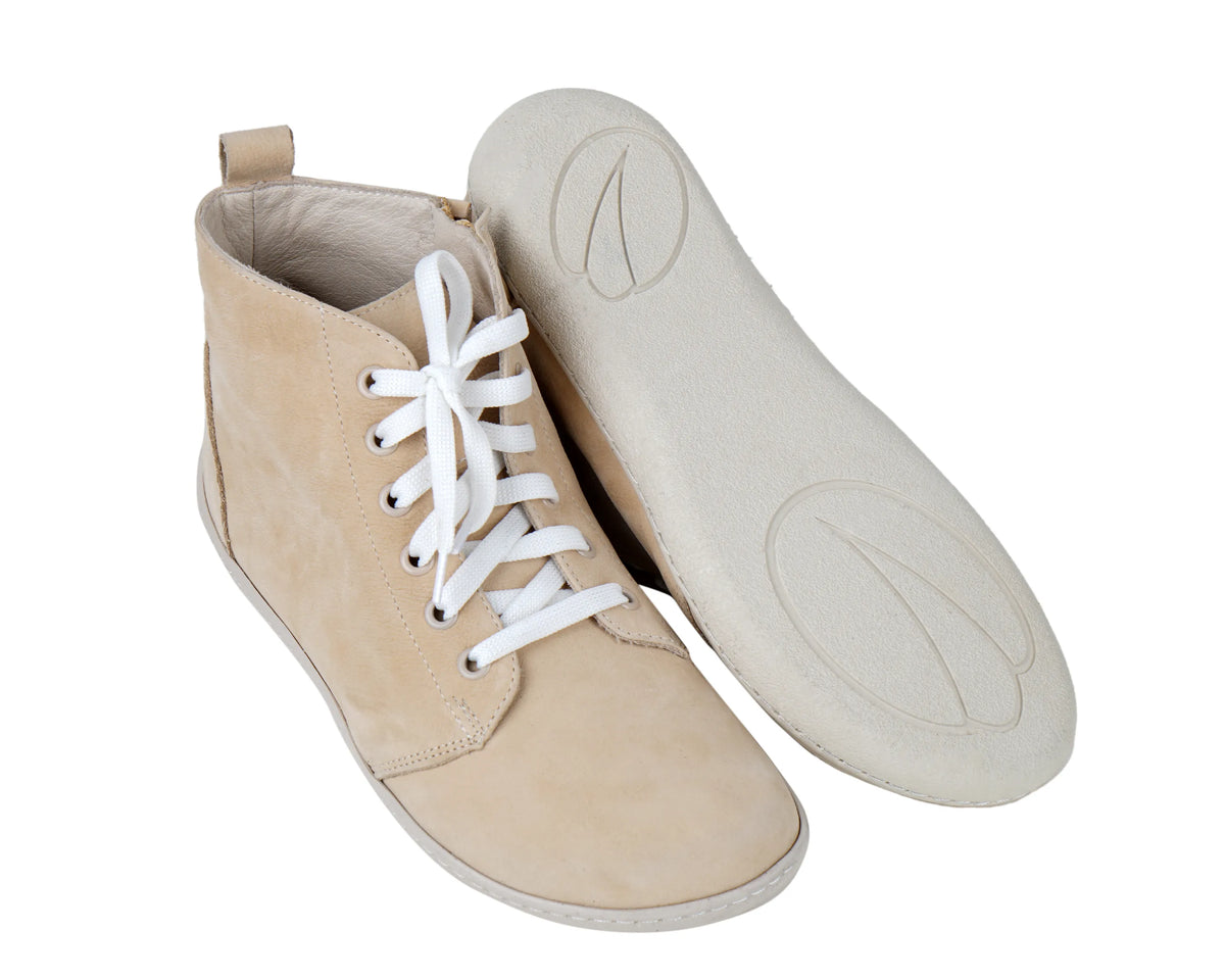 Nubuck Barefoot Laces Short Boots Shoes – 6mm Rubber Sole – Cream