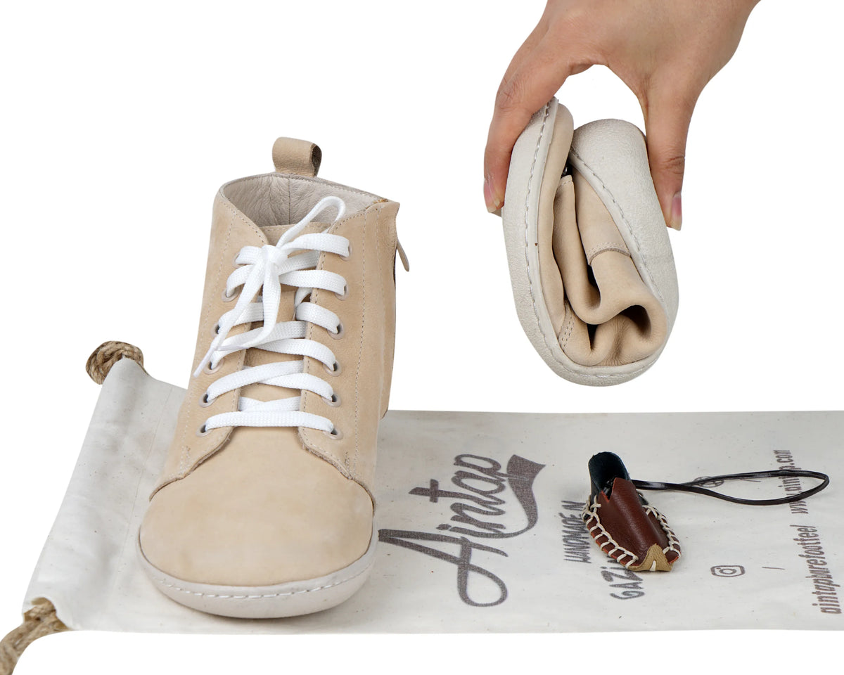Nubuck Barefoot Laces Short Boots Shoes – 6mm Rubber Sole – Cream