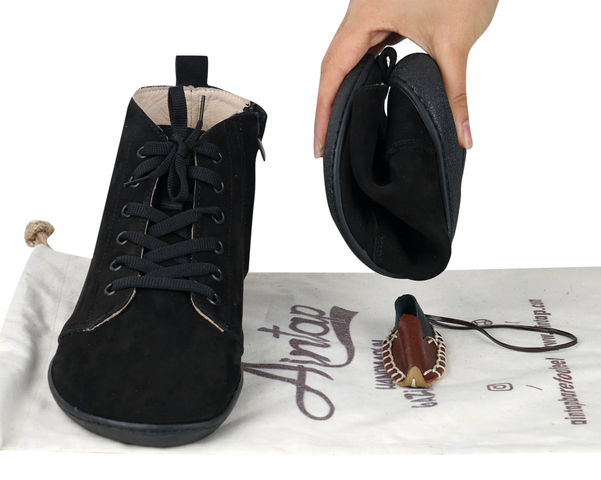 Nubuck Barefoot Laces Short Boots Shoes – 6mm Rubber Sole – Black