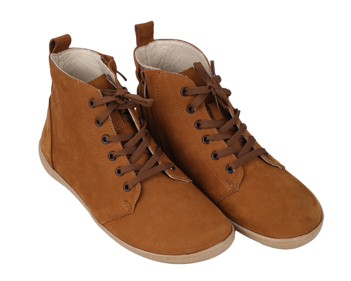 Nubuck Barefoot Laces Short Boots Shoes – 6mm Rubber Sole – Tan