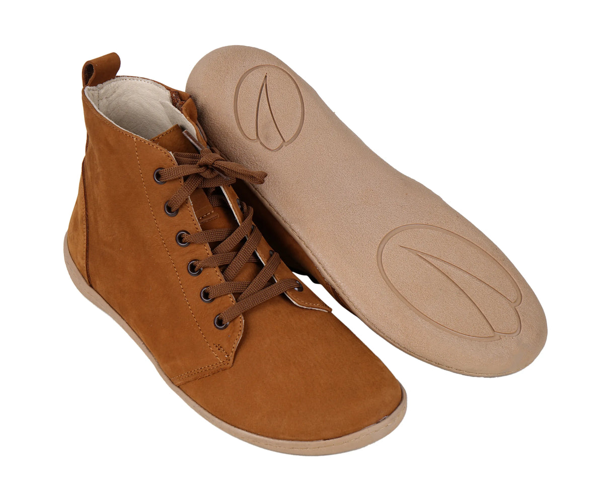 Nubuck Barefoot Laces Short Boots Shoes – 6mm Rubber Sole – Tan