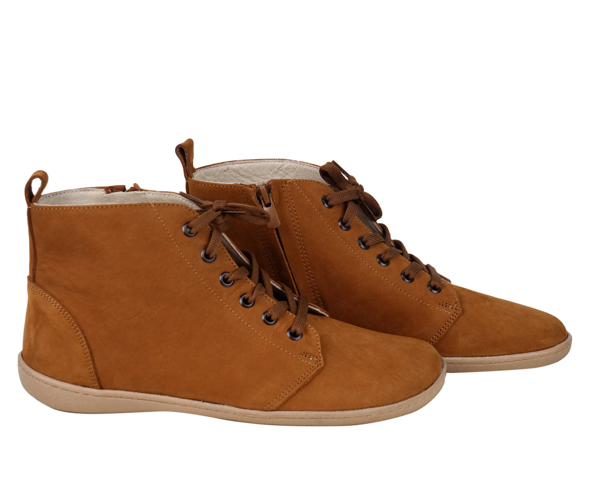 Nubuck Barefoot Laces Short Boots Shoes – 6mm Rubber Sole – Tan