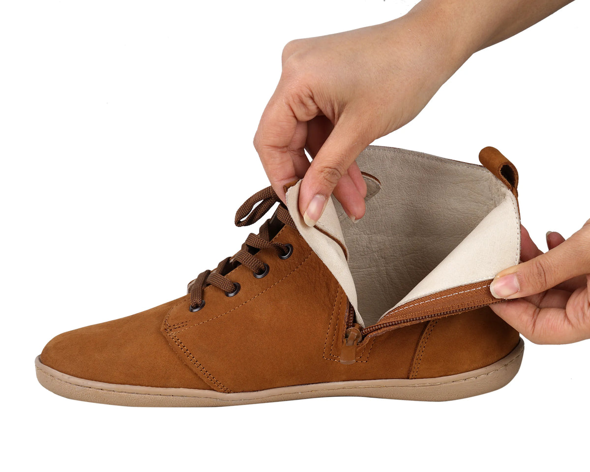 Nubuck Barefoot Laces Short Boots Shoes – 6mm Rubber Sole – Tan