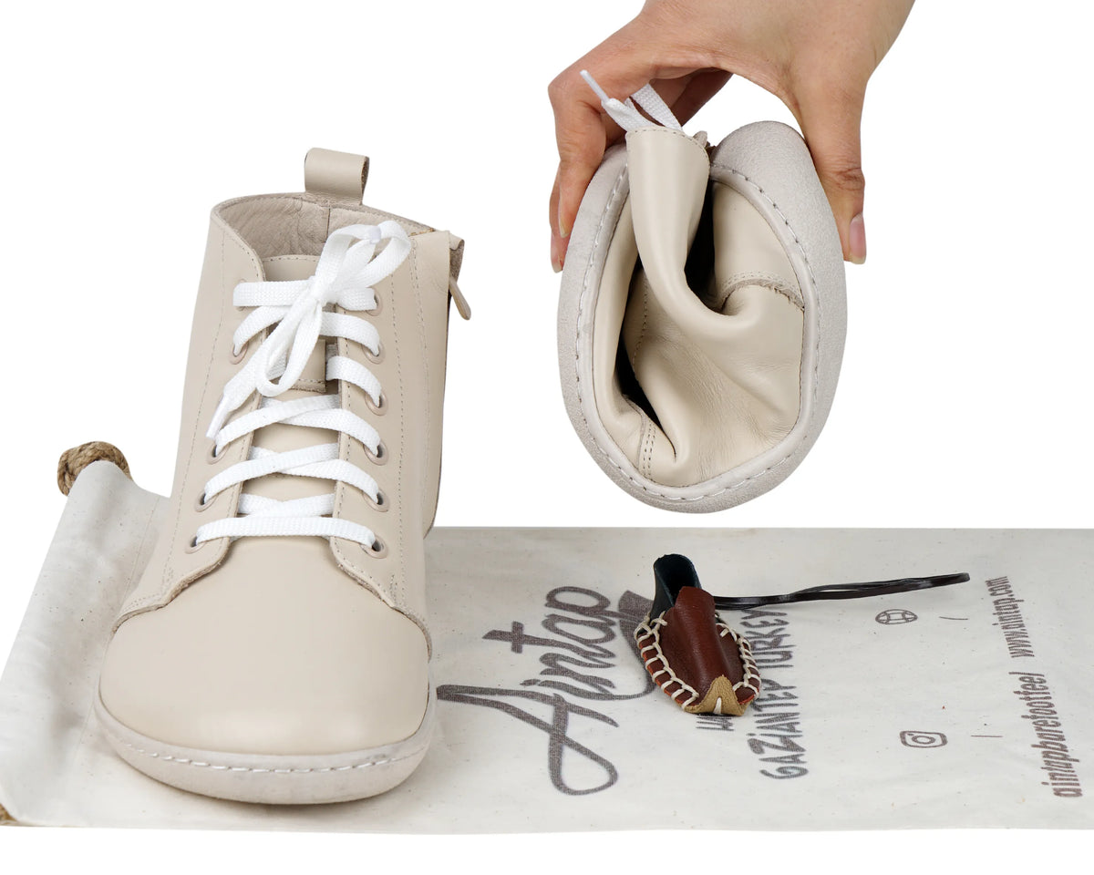 Smooth Barefoot Laces Short Boots Shoes – 6mm Rubber Sole – Cream