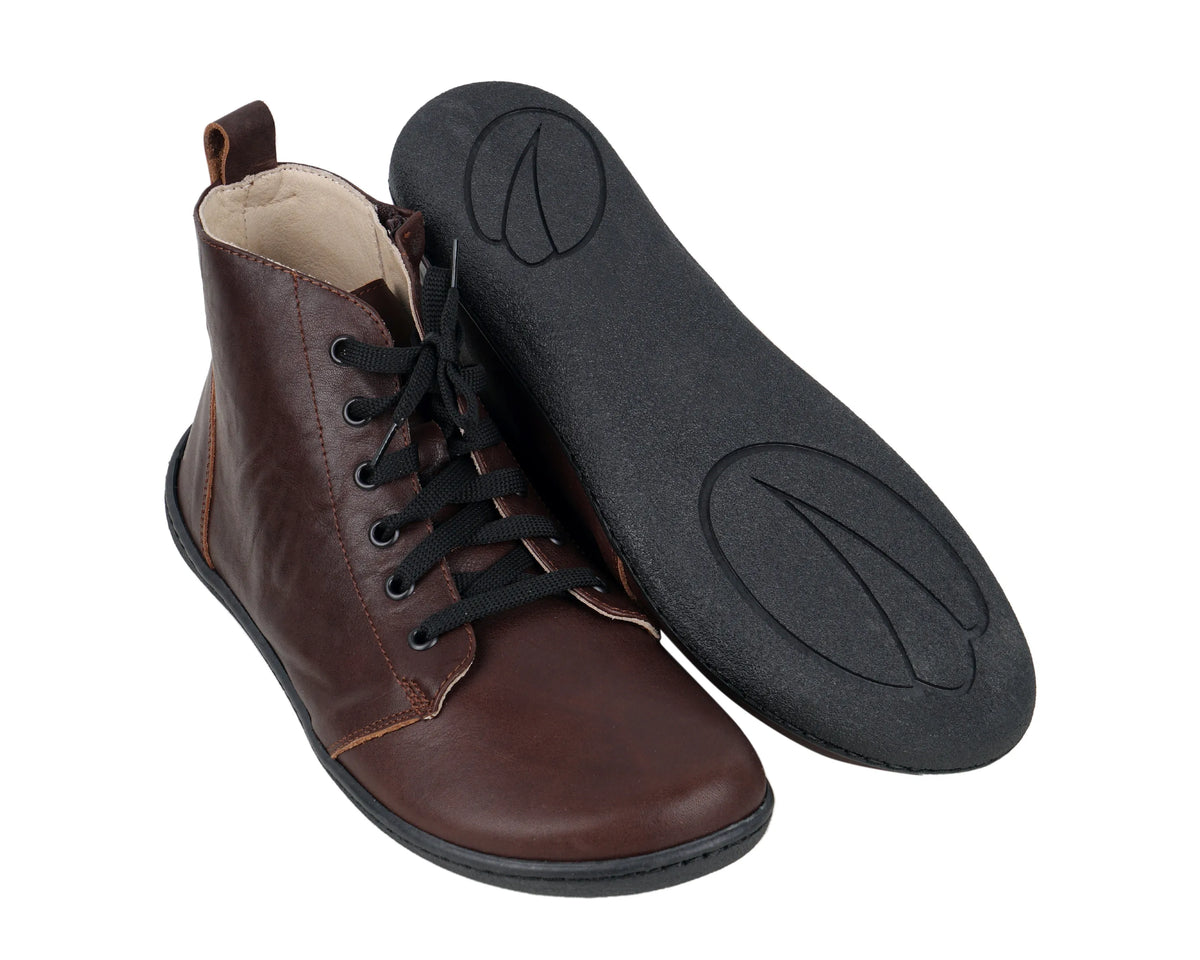 Smooth Barefoot Laces Short Boots Shoes – 6mm Rubber Sole – Dark Brown