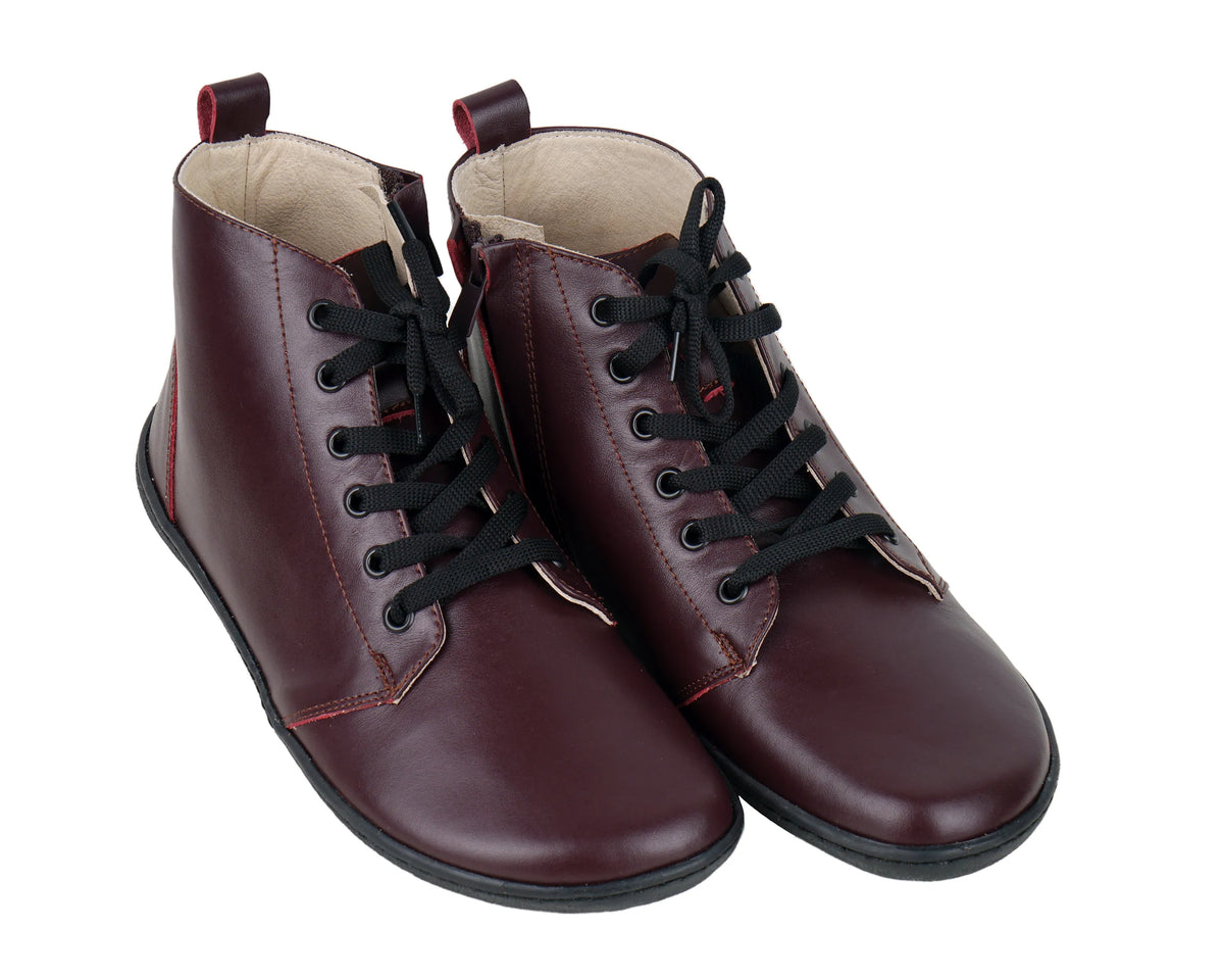 Smooth Barefoot Laces Short Boots Shoes – 6mm Rubber Sole – Burgundy