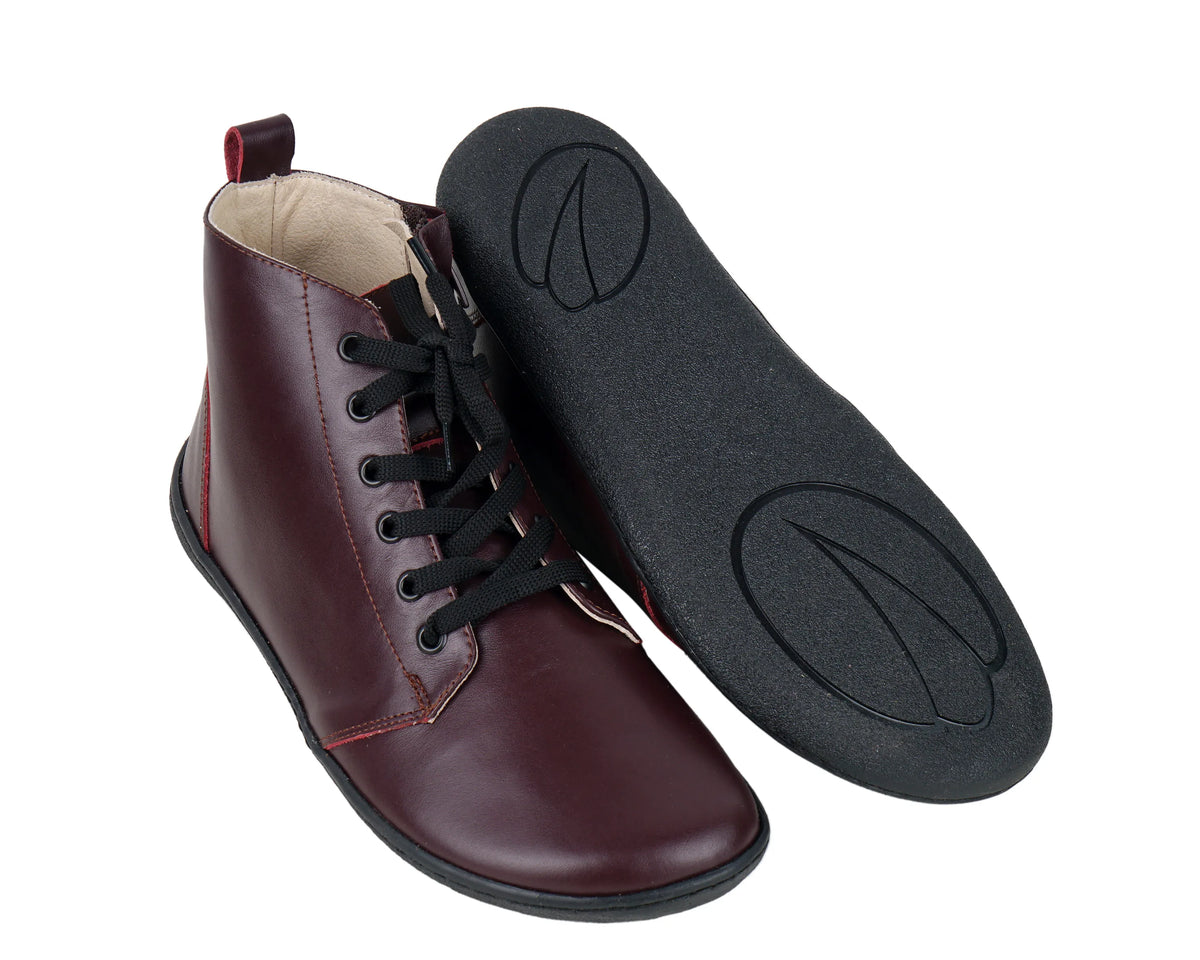 Smooth Barefoot Laces Short Boots Shoes – 6mm Rubber Sole – Burgundy
