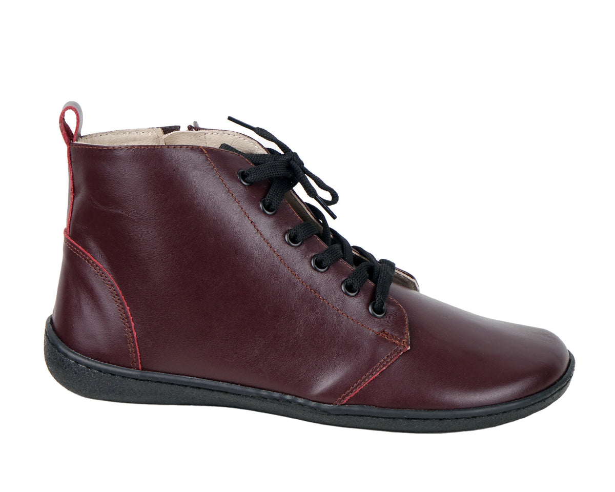 Smooth Barefoot Laces Short Boots Shoes – 6mm Rubber Sole – Burgundy