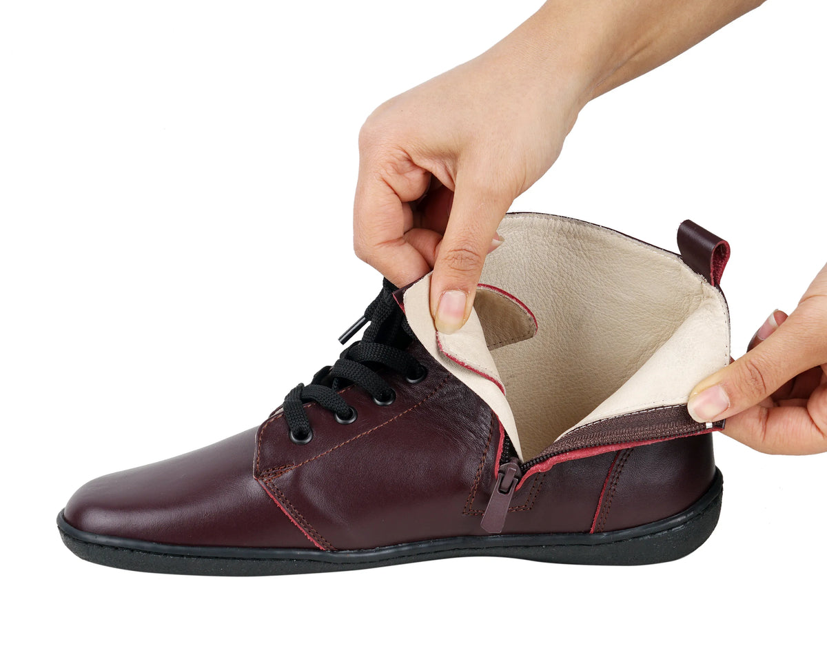 Smooth Barefoot Laces Short Boots Shoes – 6mm Rubber Sole – Burgundy