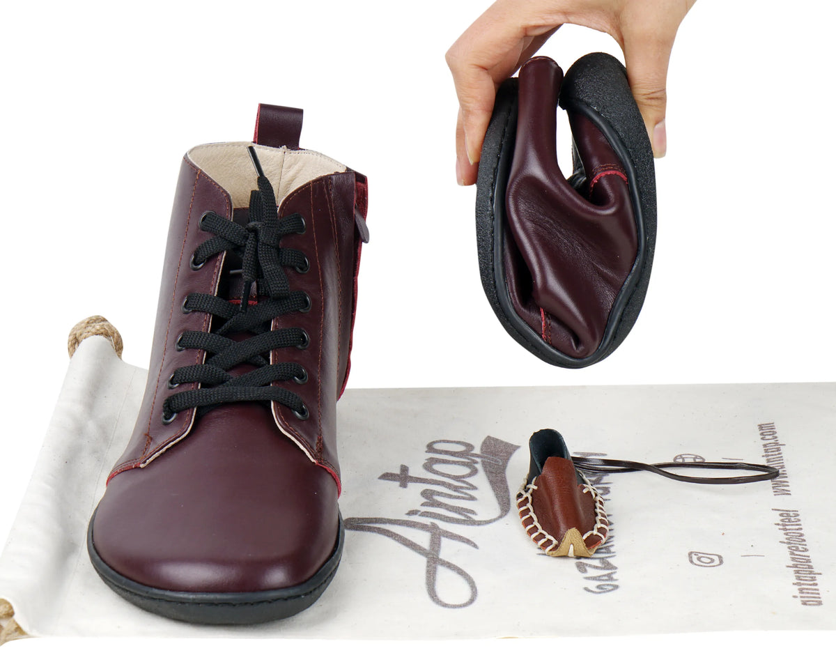 Smooth Barefoot Laces Short Boots Shoes – 6mm Rubber Sole – Burgundy