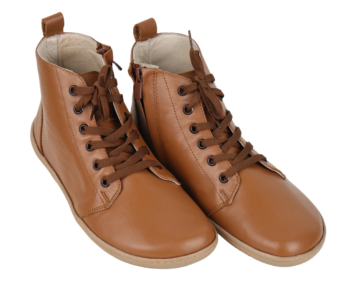 Smooth Barefoot Laces Short Boots Shoes – 6mm Rubber Sole – Tan