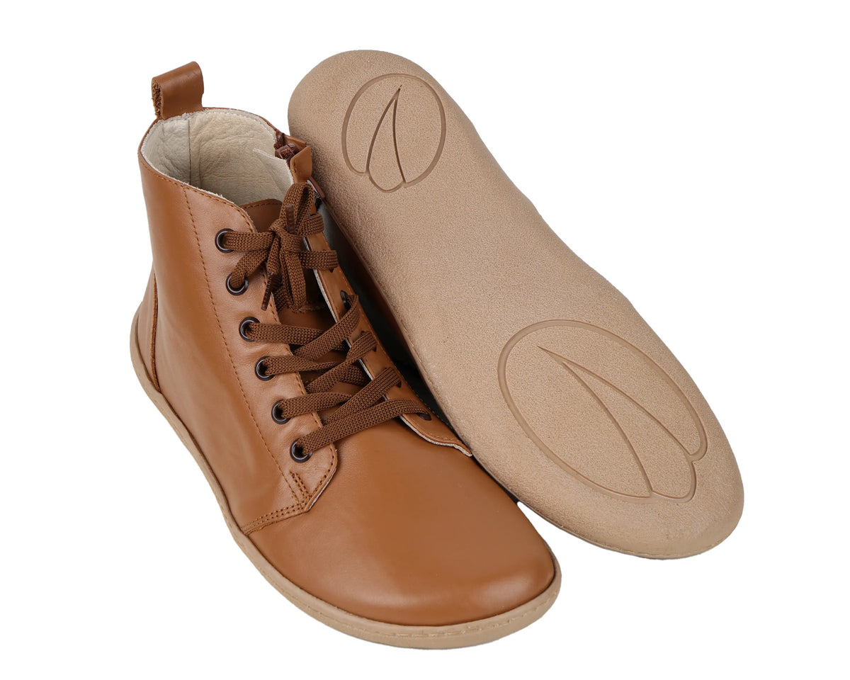 Smooth Barefoot Laces Short Boots Shoes – 6mm Rubber Sole – Tan