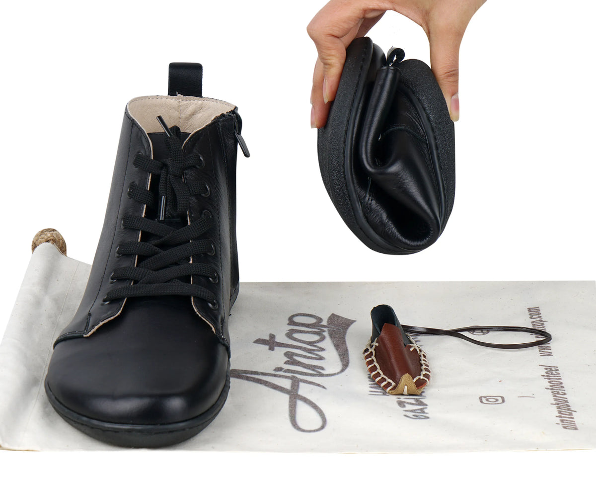 Smooth Barefoot Laces Short Boots Shoes – 6mm Rubber Sole – Black