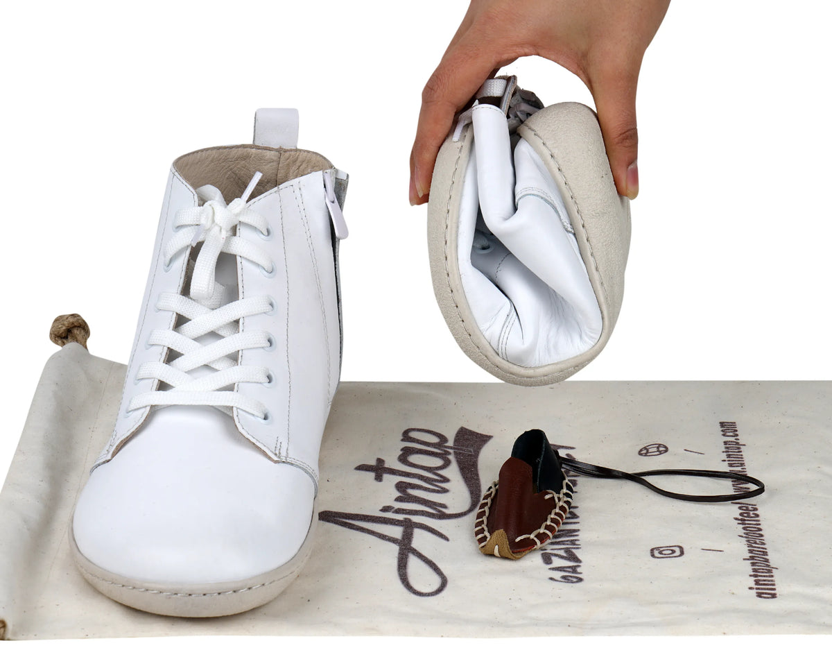 Smooth Barefoot Laces Short Boots Shoes – 6mm Rubber Sole – White