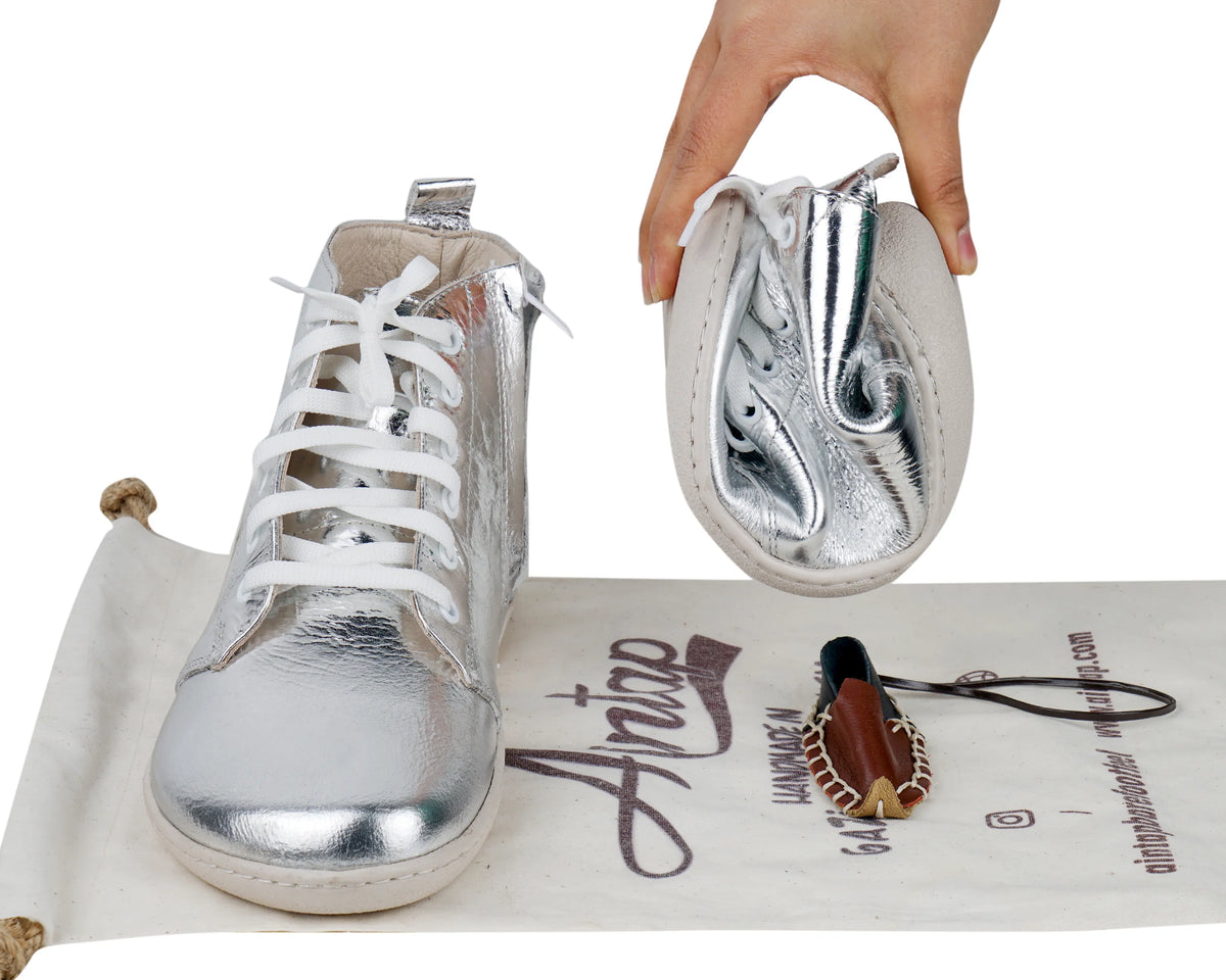 Bright Barefoot Laces Short Boots Shoes – 6mm Rubber Sole – Silver