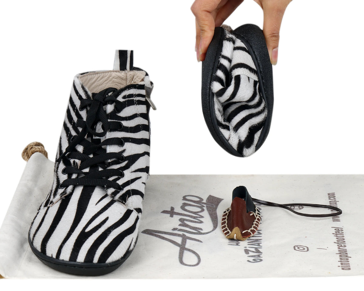 Hair Barefoot Laces Short Boots Shoes – 6mm Rubber Sole – Zebra