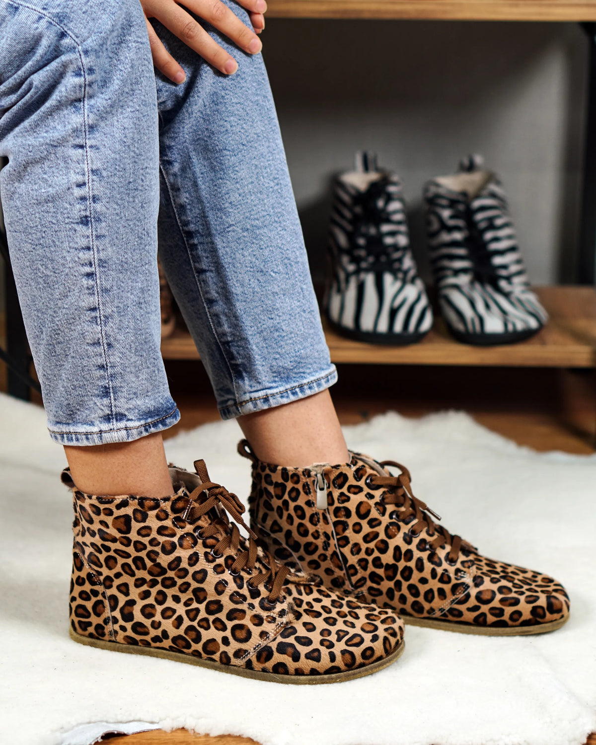 Hair Barefoot Laces Short Boots Shoes – Classic Sole — Leather Sole – Leopard