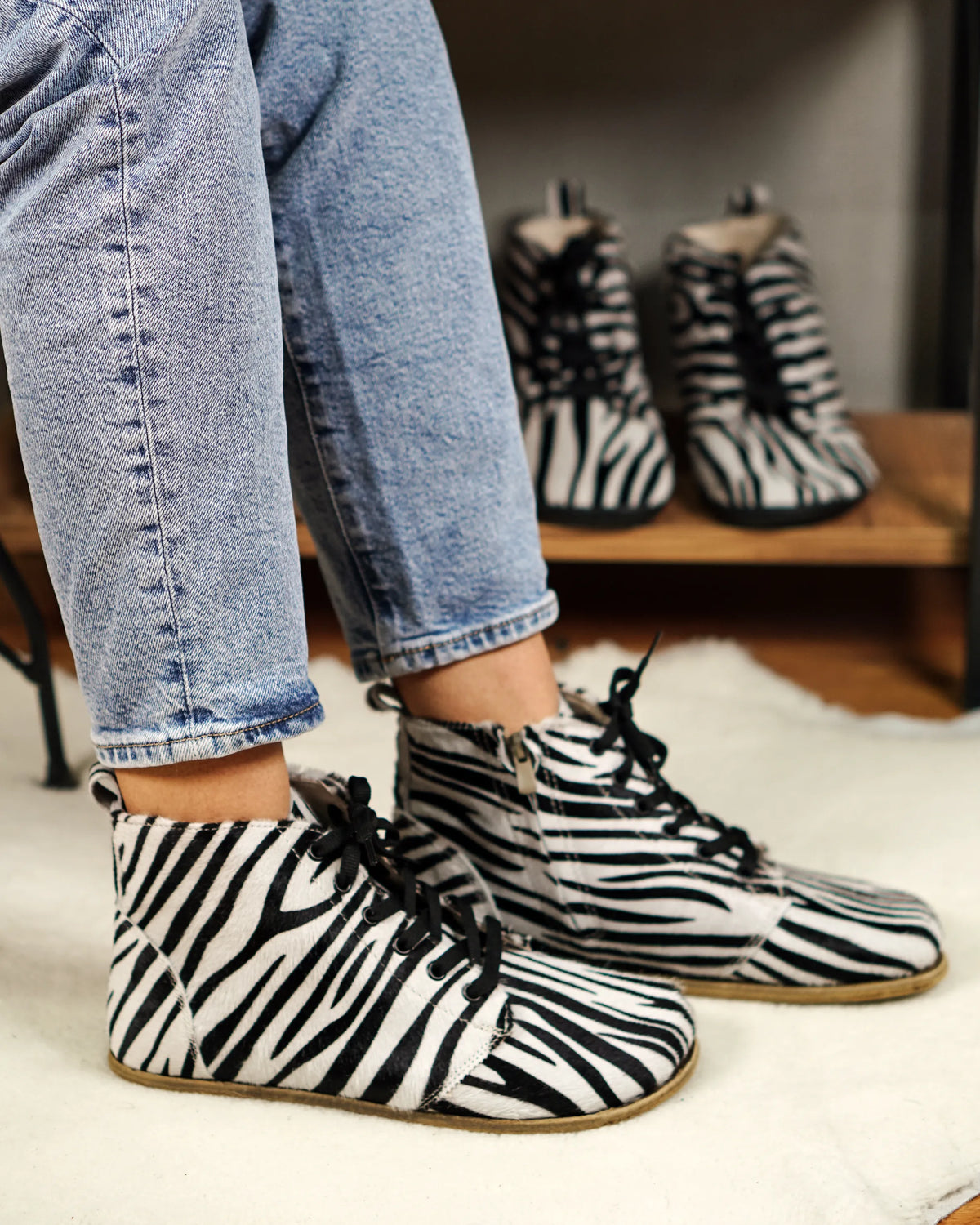 Hair Barefoot Laces Short Boots Shoes – Classic Sole — Leather Sole – Zebra