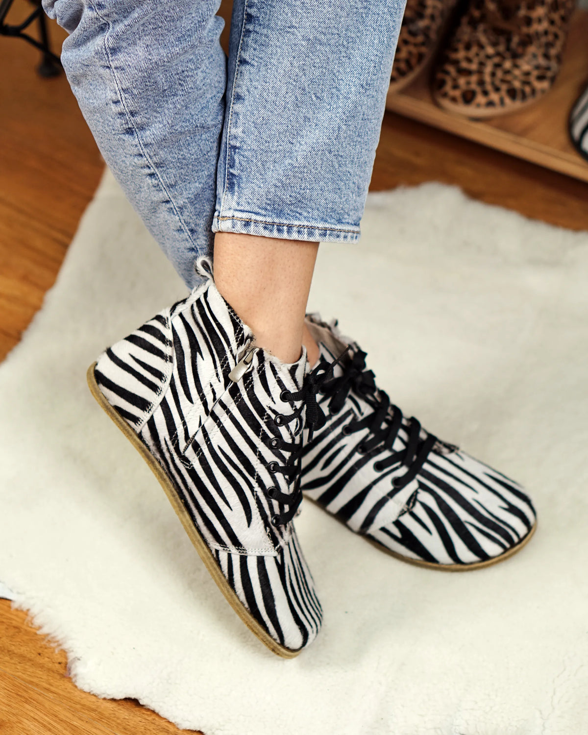 Hair Barefoot Laces Short Boots Shoes – Classic Sole — Leather Sole – Zebra