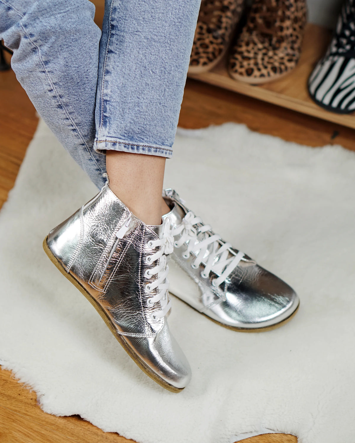 Bright Barefoot Laces Short Boots Shoes – Classic Sole — Leather Sole – Silver