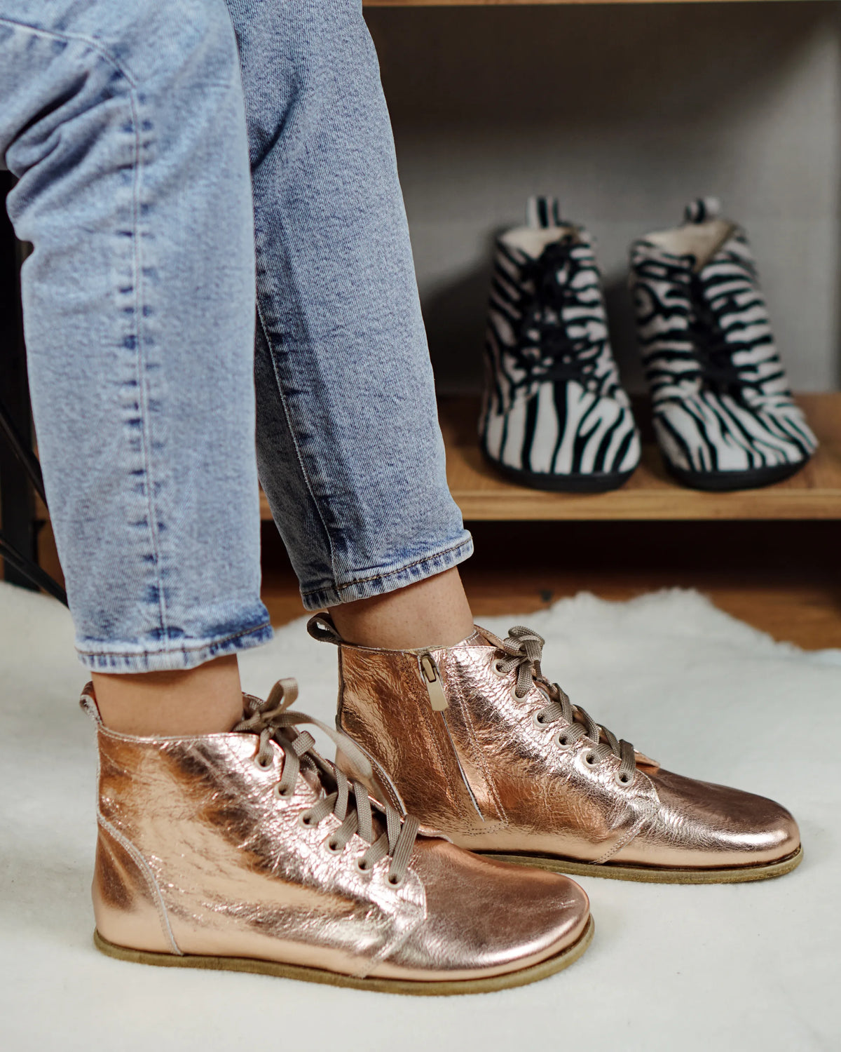 Bright Barefoot Laces Short Boots Shoes – Classic Sole — Leather Sole – Rose Gold