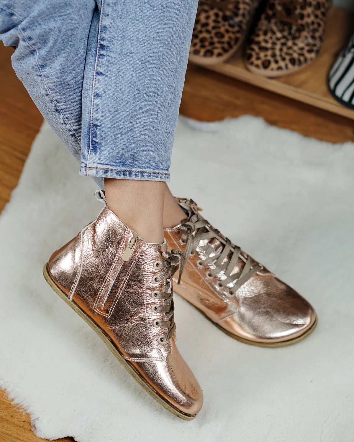 Bright Barefoot Laces Short Boots Shoes – Classic Sole — Leather Sole – Rose Gold