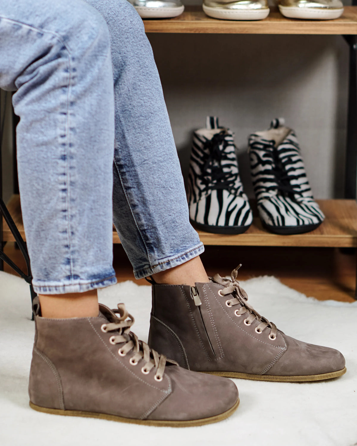 Nubuck Barefoot Laces Short Boots Shoes – Classic Sole — Leather Sole – Gray