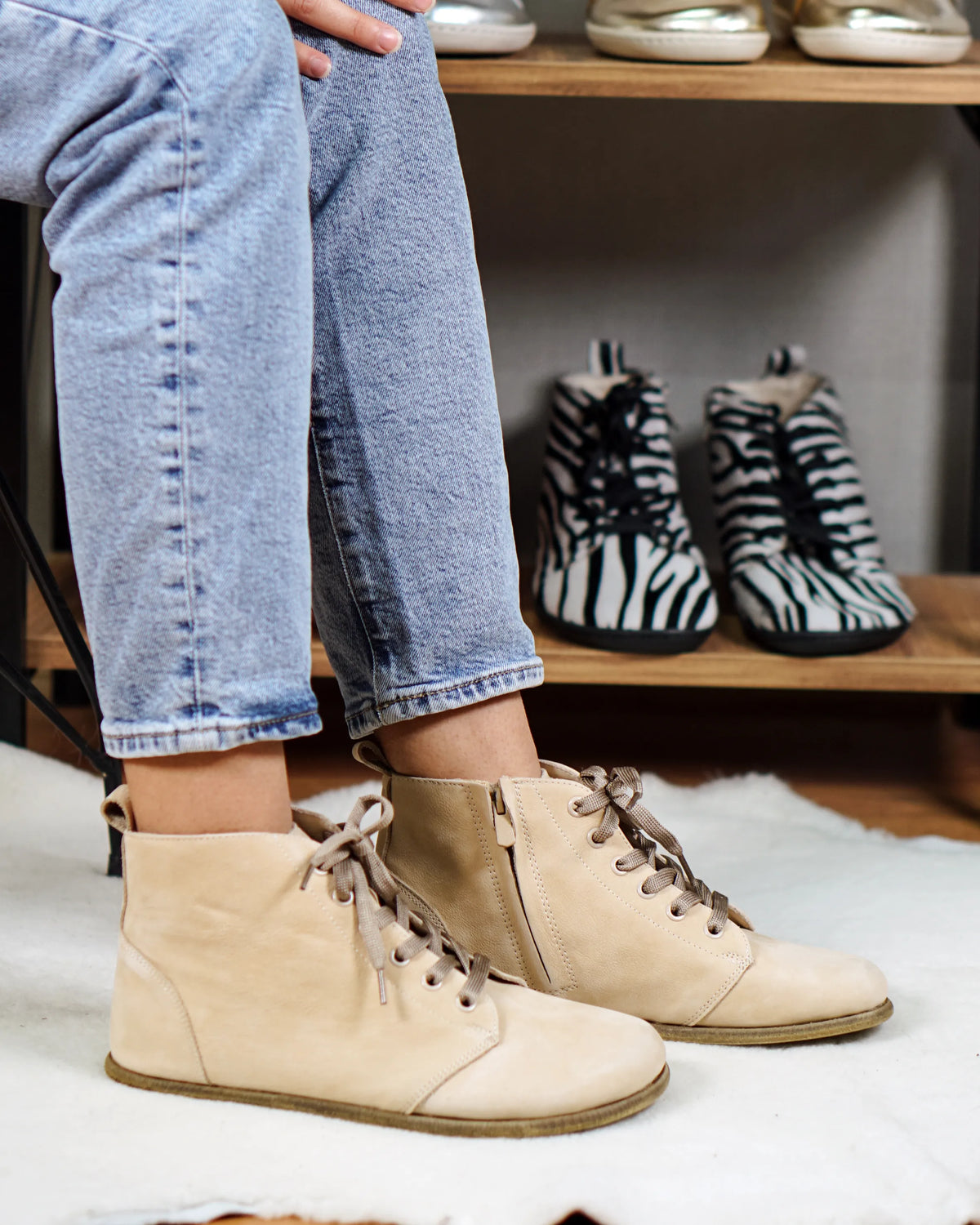 Nubuck Barefoot Laces Short Boots Shoes – Classic Sole — Leather Sole – Cream