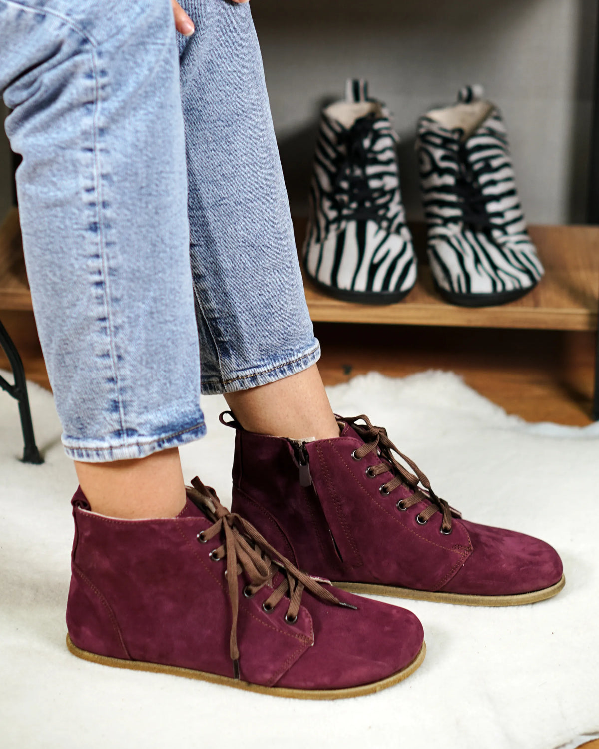 Nubuck Barefoot Laces Short Boots Shoes – Classic Sole — Leather Sole – Burgundy