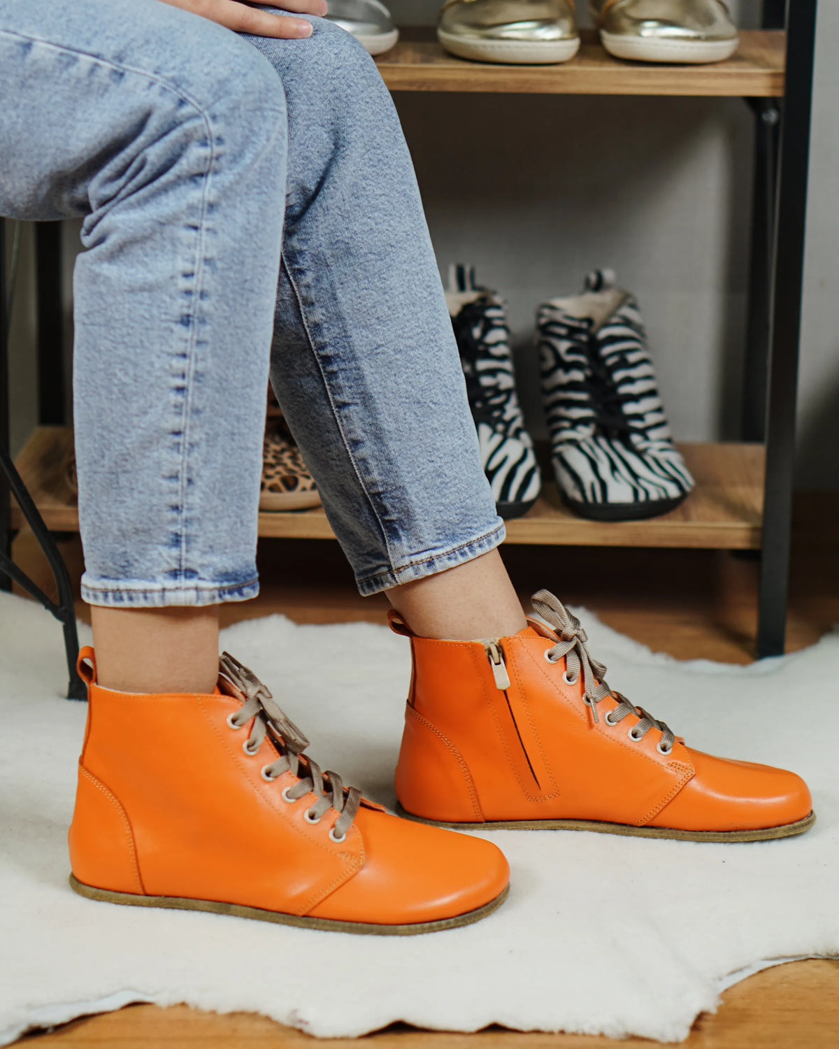 Smooth Barefoot Laces Short Boots Shoes – Classic Sole — Leather Sole – Orange