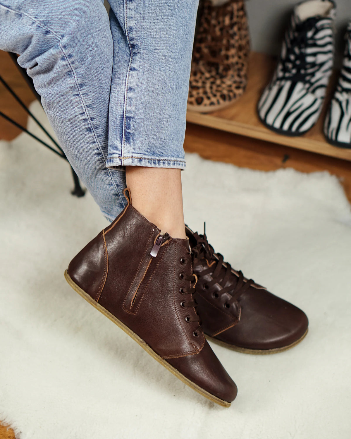 Smooth Barefoot Laces Short Boots Shoes – Classic Sole — Leather Sole – Dark Brown