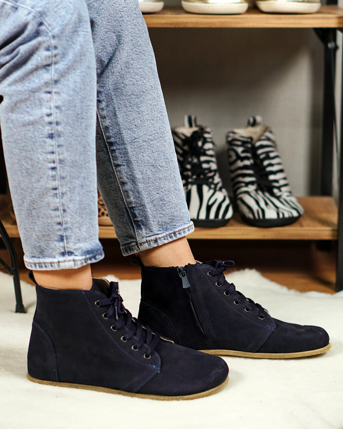 Nubuck Barefoot Laces Short Boots Shoes – Classic Sole — Leather Sole – Navy Blue